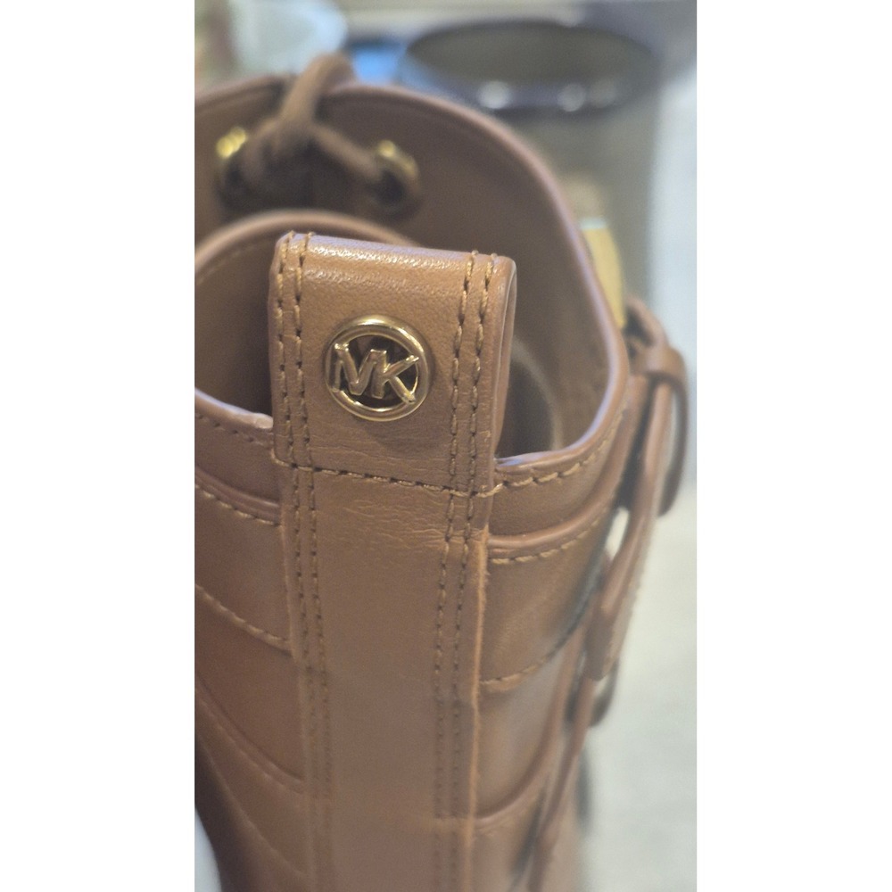 Michael Kors Brown Leather Combat Boots Lug Sole Moto Buckle Side Zip Women 7.5 - Picture 10 of 16